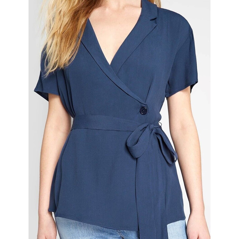 Modcloth Blouse Womens Small Navy Blue Wrap Party Surplice Top Tie Waist